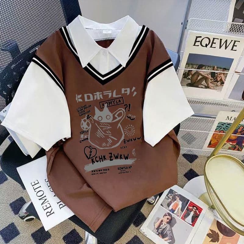 2026 New Plus Size Slimming Stylish Short Sleeve Loose Summer Top Trendy Campus Style Commute Blouse