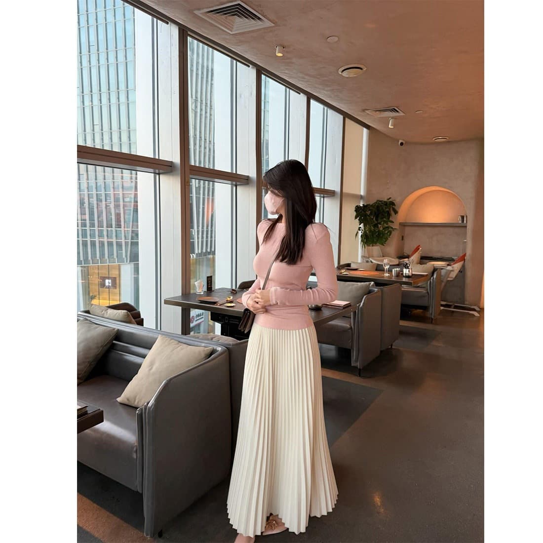 ZY67 new versatile woolen spring and autumn A-line pleated skirt white umbrella skirt pit skirt long skirt high waist slimming