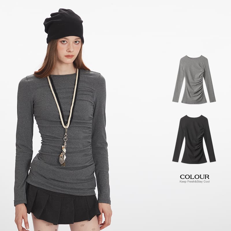 HeyHenry Spring/Fall Pleated Slimming Long-Sleeve T-Shirt for Women, Round Neck, Waist-Tightening Inner Layering Top