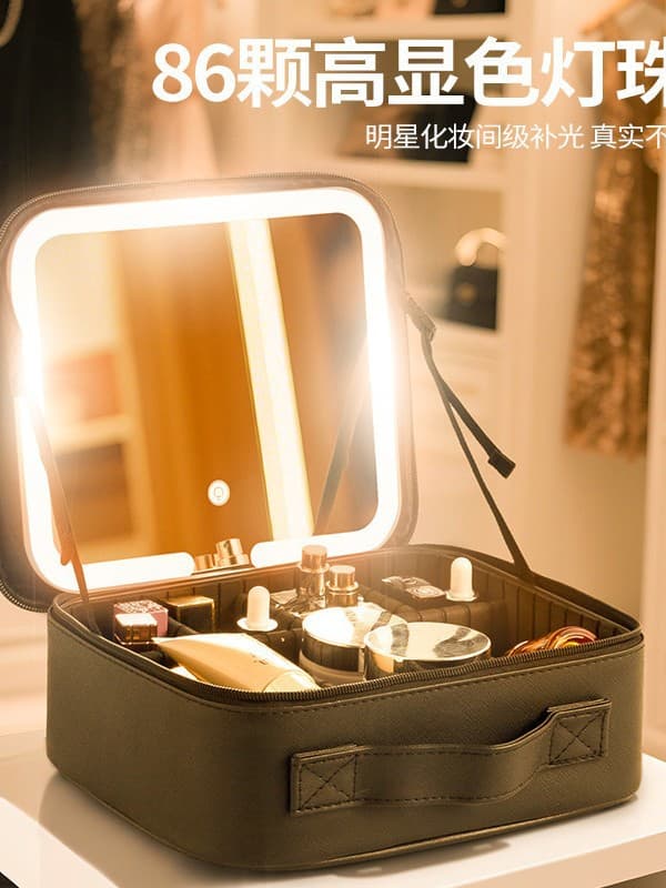 Makeup box with mirror, LED light, professional cosmetic storage bag for female makeup artist, portable cosmetic bag, large capacity
