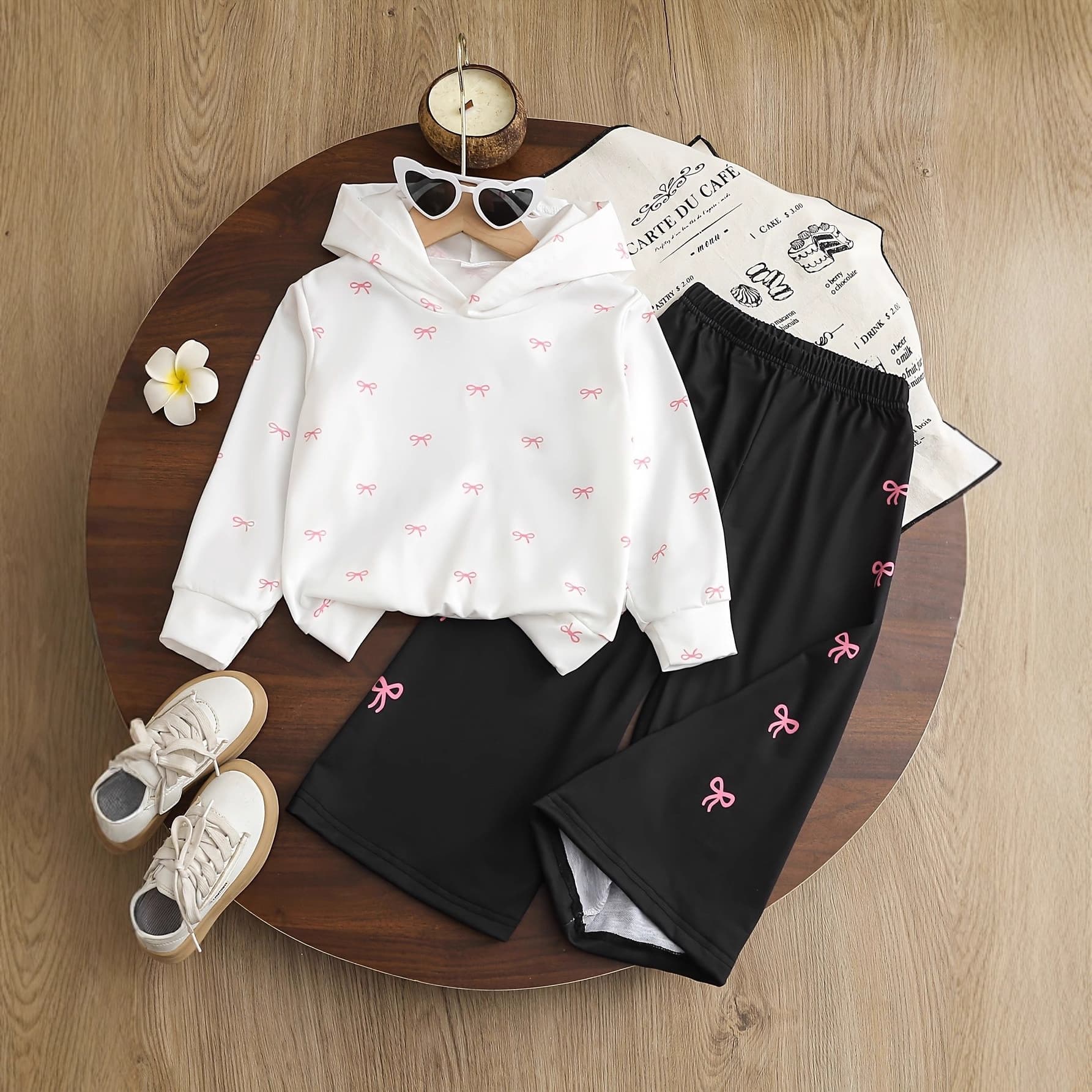 Baby girl spring and summer white knitted hoodie with bow print sweatshirt jacket casual trousers two-piece set cute