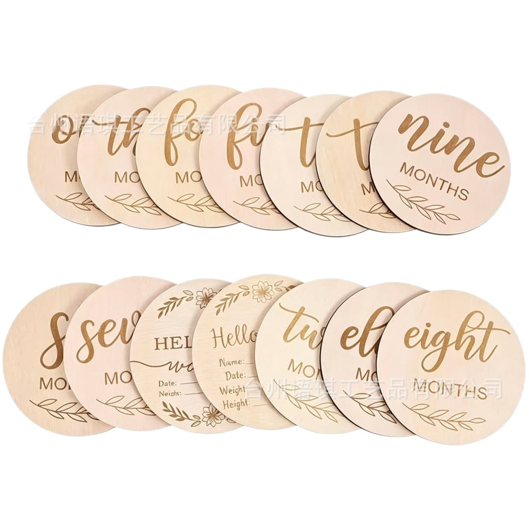 Color Printed Wooden Disc Laser Engraved Baby Month Milestone Plaque Round Wood Chip for Baby Growth Milestones