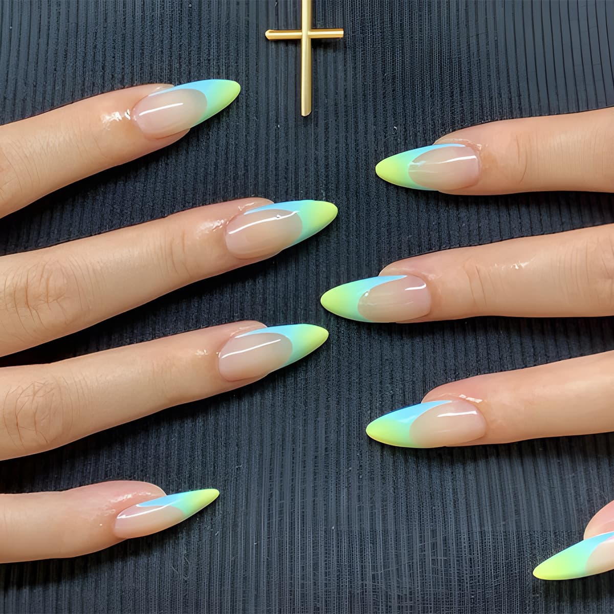 Cross-border almond-shaped wearable nails French gradient style manicure wholesale removable fake nail patches finished products~