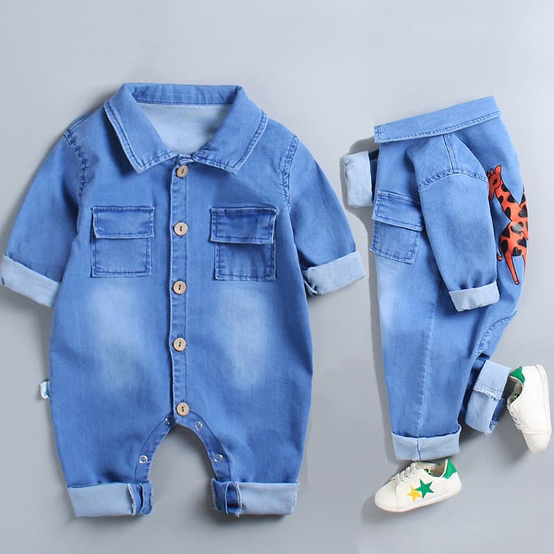 Western-style baby one-piece clothes for men and women, baby harems, cartoon children's denim outing clothes, long-sleeved crawl clothes, spring and autumn clothes