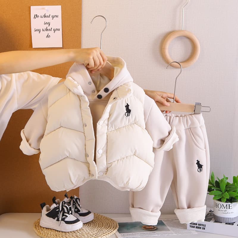 Boys' Winter Hooded Sweatshirt Set - New Stylish Baby Boy Winter Outfit, Fleece-Lined Thick Vest, 3-Piece Set, Direct Sale