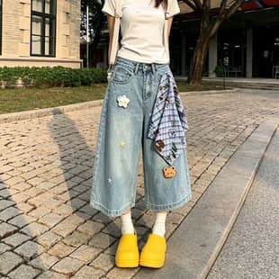 American Style Capri Jeans for Women, Summer Loose Denim Capri Pants, Thin Wide-Leg 7/8 Length Jeans for Women
