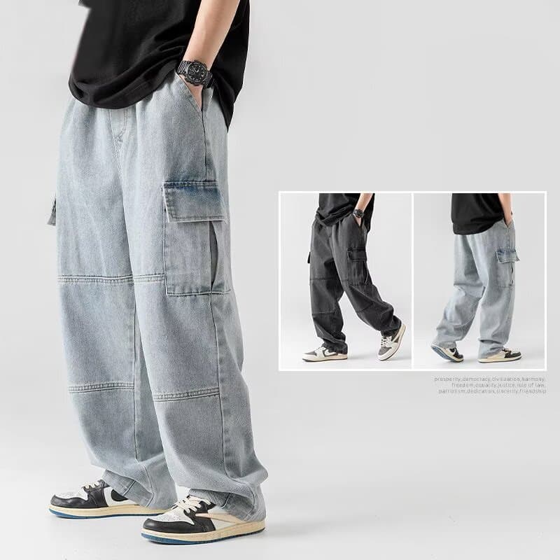 Japanese men's double three-dimensional pocket jeans spring new retro distressed washed workwear trousers for men