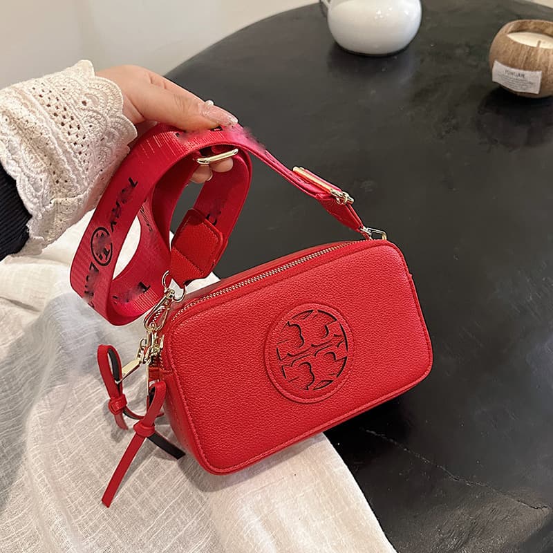 TB New Style Women's Crossbody Bag, Pebble Grain Wide Shoulder Strap, Double Zipper Small Square Bag, Camera Bag, Ladies' Shoulder Bag