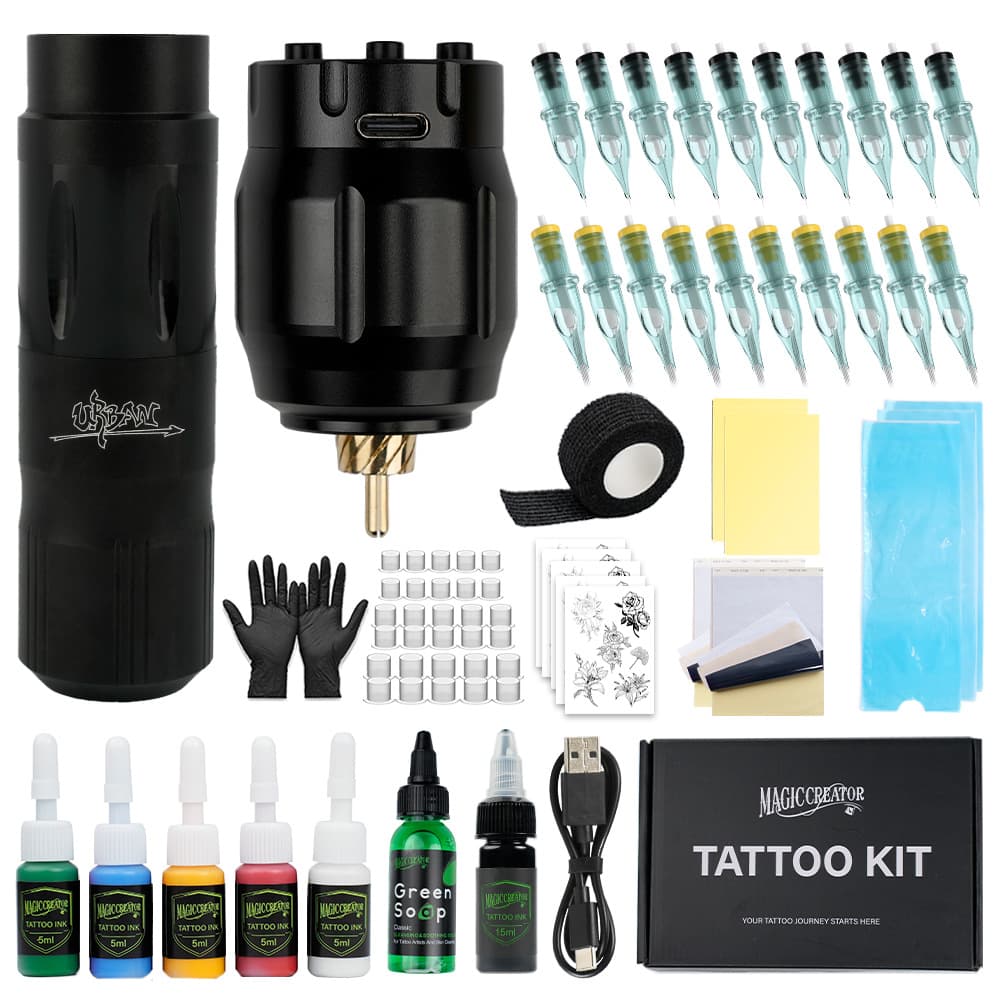 Long Artist Wireless Tattoo Machine Kit, Motor Machine Tattoo Including Type-C Wireless Power Supply, Pigment Complete Set