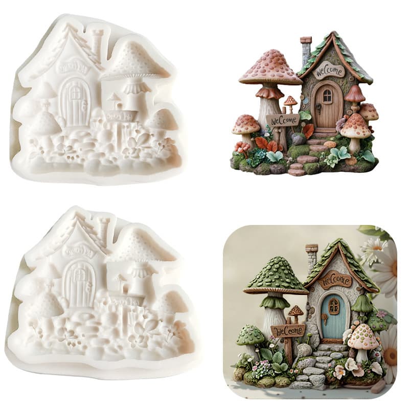 Cross-Border New Stereo Mushroom House Fondant Silicone Mold DIY Glue Baking Tool Chocolate Cake Mold