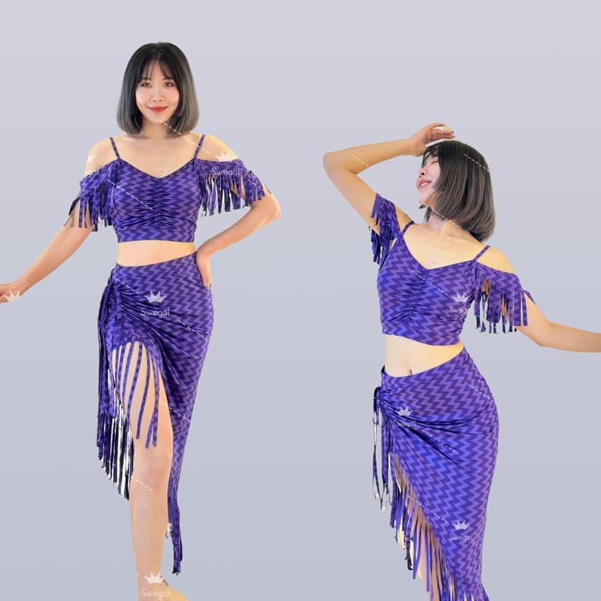 Swegal 2025 Summer New Belly Dance Costume Purple Wave Fringe Skirt Set Dynamic