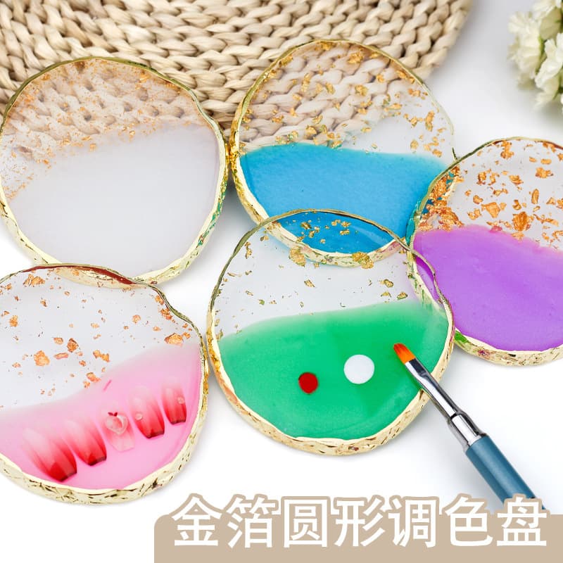 Nail Art Palette Resin Agate Gold Edge Round Gold Foil Glitter Paint Mixing Palette Nail Tip Display Board