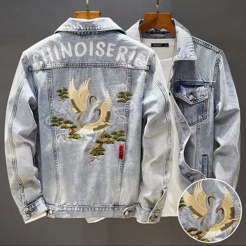 Slim Fit Men's Embroidered Denim Jacket Spring Autumn Lightweight Trendy Brand Korean Style Long Sleeve Casual Outerwear