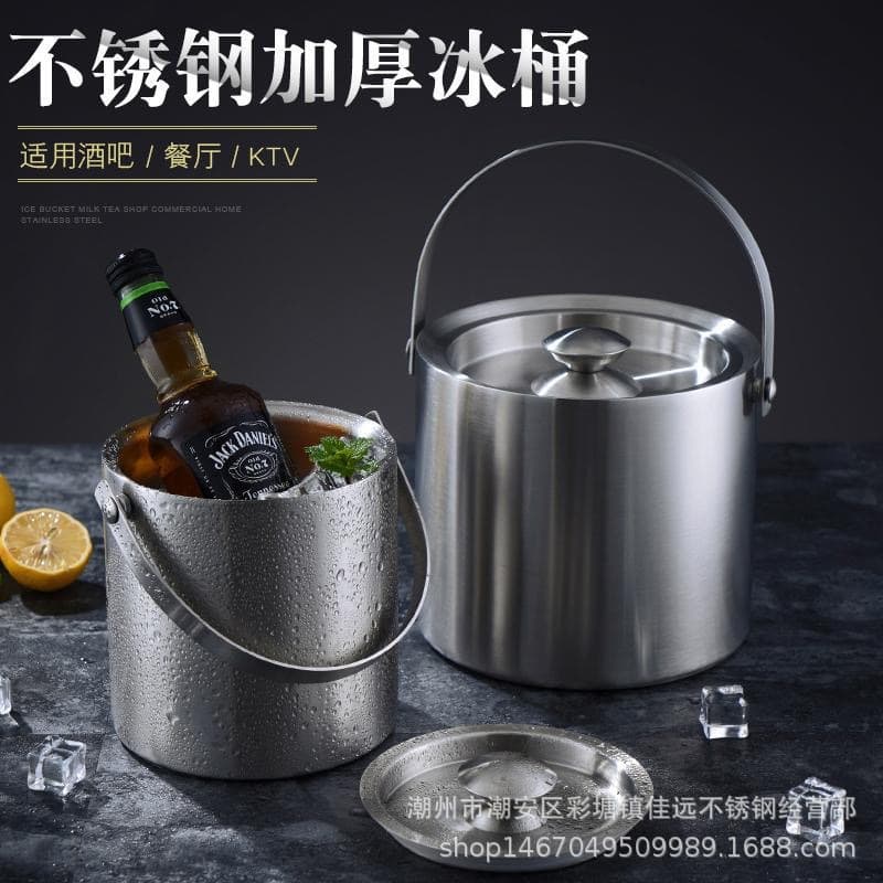 Thickened stainless steel round double-layer ice bucket with lid for bar insulated storage of red wine