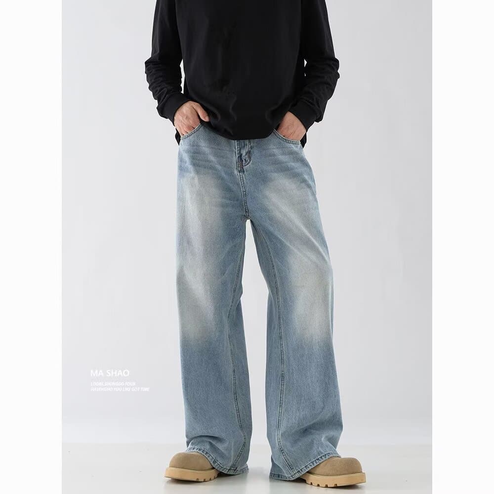 American Vintage Spring/Fall Retro Jeans for Men, Trendy Versatile 2025 Washed Straight-Leg Loose-Fit Long Pants
