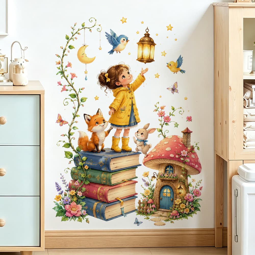 Cross-border Stacked Books Yellow Dress Girl Wall Sticker Rental Room Kids Room Entryway Self-adhesive Fairy Tale Healing Decorative Wall Sticker