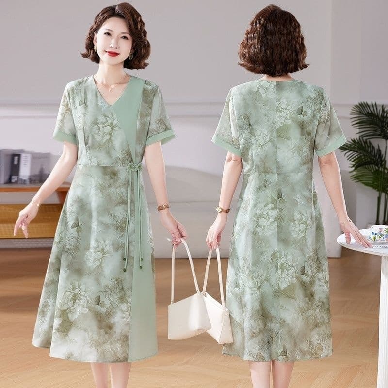 Summer Dress for Middle-Aged Mothers, Short-Sleeved, Thin, Mid-Length Dress for Middle-Aged and Elderly Women, Elegant High-Waisted Slimming Dress