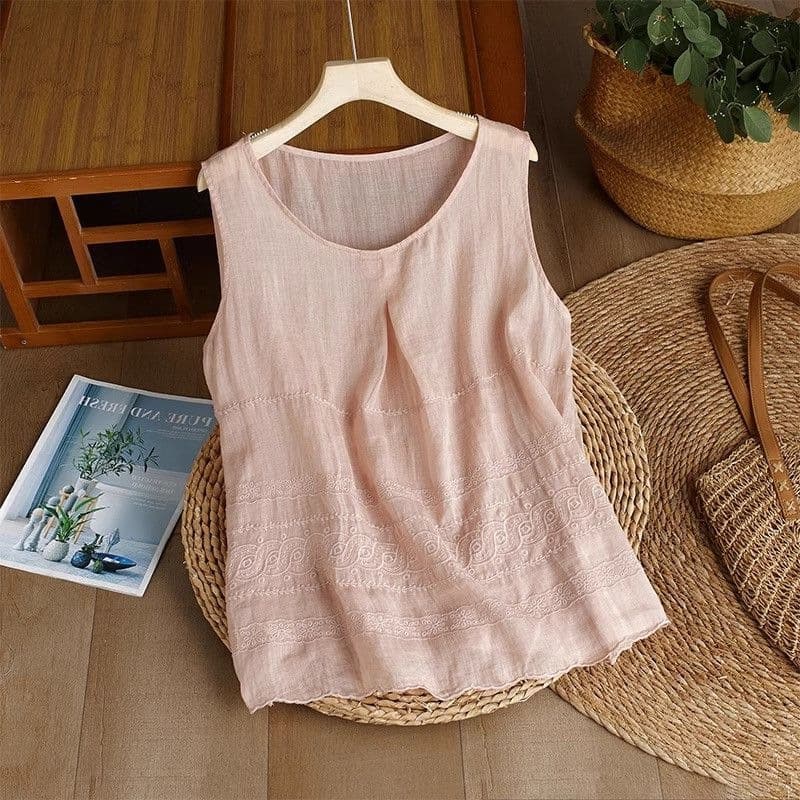 Cotton Linen Embroidered Camisole Vest Top for Women Summer Slimming Sleeveless Outerwear Innerwear Plus Size Cotton Linen Undershirt
