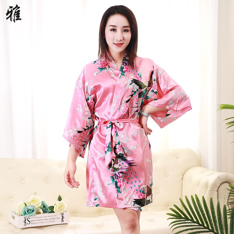 Women's Summer Nightgown Satin Silk Kimono Style Loose Cardigan Robe Printed Peacock Kimono Bathrobe