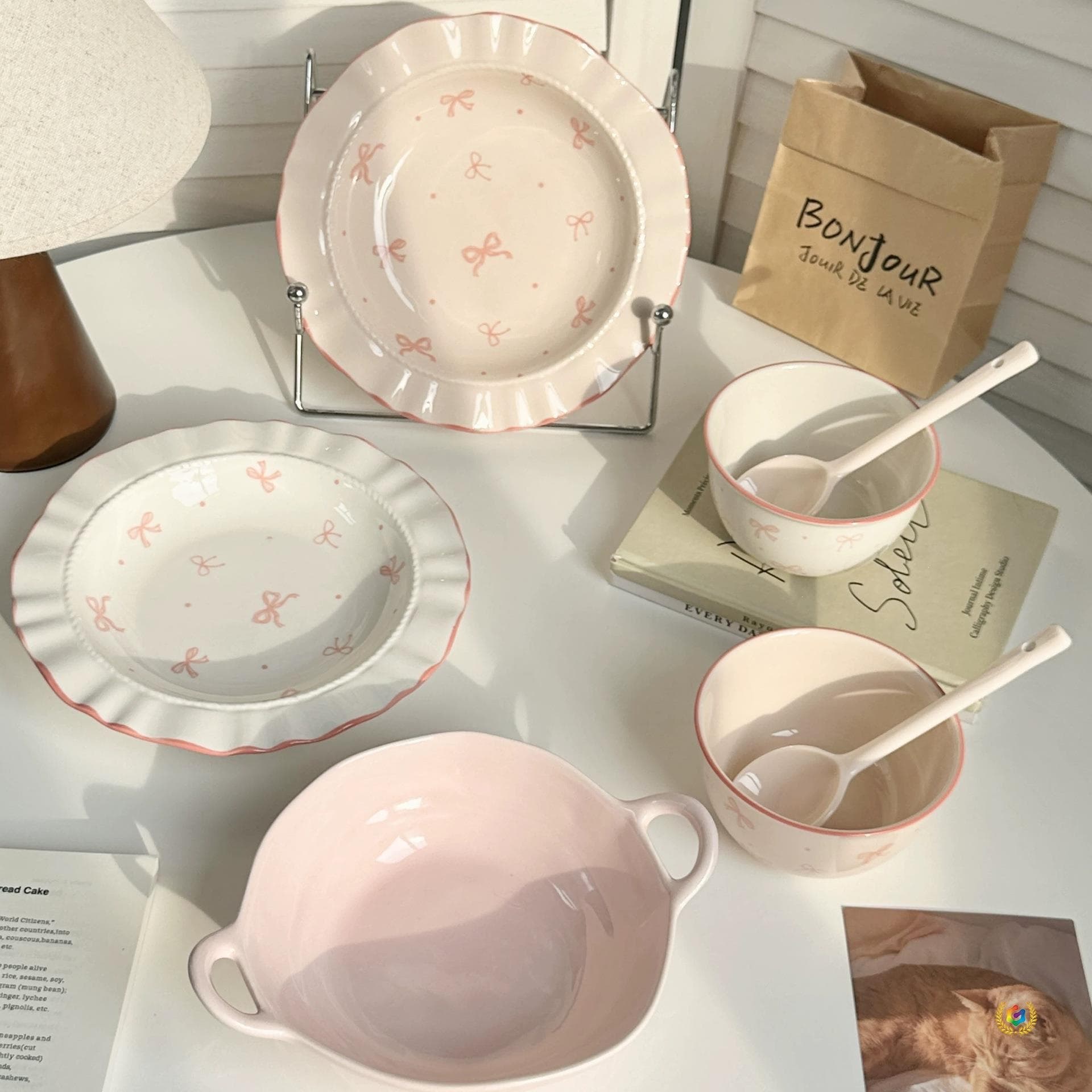 Pink Ins-Style Bow Ceramic Dinnerware Set Noodle Bowl Home Rice Bowl Plate Underglaze Color Cute Girly