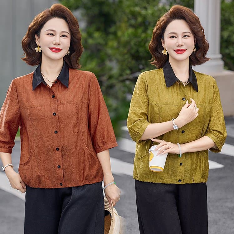 Mother's Summer Fashion Blouse, Elegant and Youthful, Loose Fit, Slimming, Three-Quarter Sleeve Top for Middle-Aged and Elderly Women