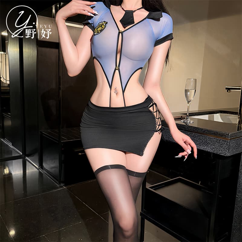 Sexy Lingerie Hot Police Officer Costume Tempting Role Play Open Crotch Sleepwear Midnight Charm