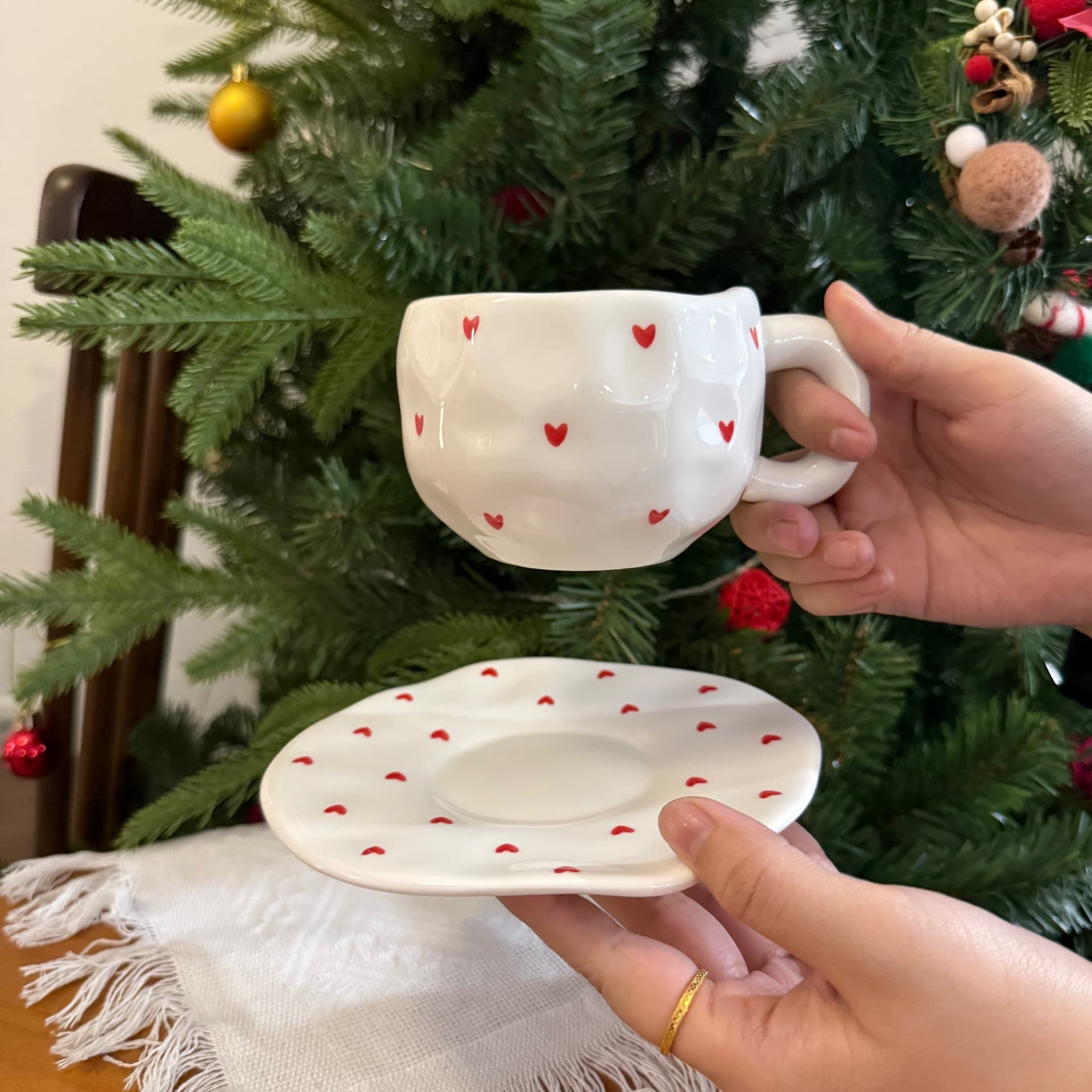 Korean-style Ins Girly Heart Hand-Pinched Ceramic Coffee Cup and Saucer Set, Couple Love Gift Ceramic Cup and Saucer, Factory Direct Sales