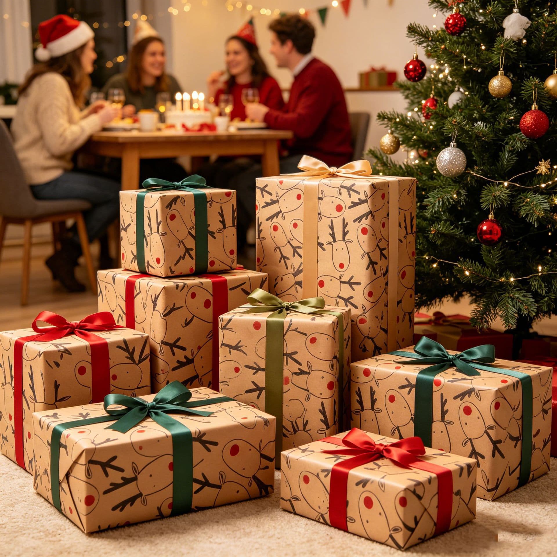 Cross-border Christmas kraft wrapping paper with pinecone, sock, snowflake, Christmas tree, and reindeer patterns for handmade wrapping