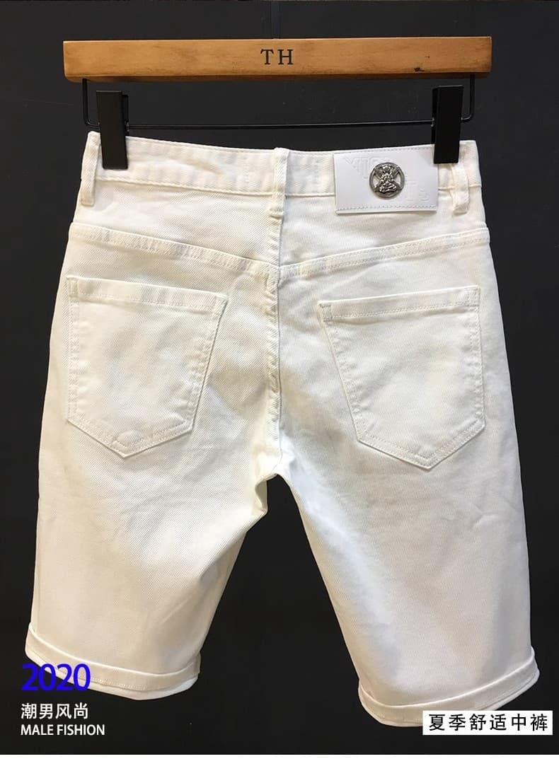 High-end simple solid color denim shorts for men, fashionable and handsome slim-fitting pants for men, summer thin white quarter pants