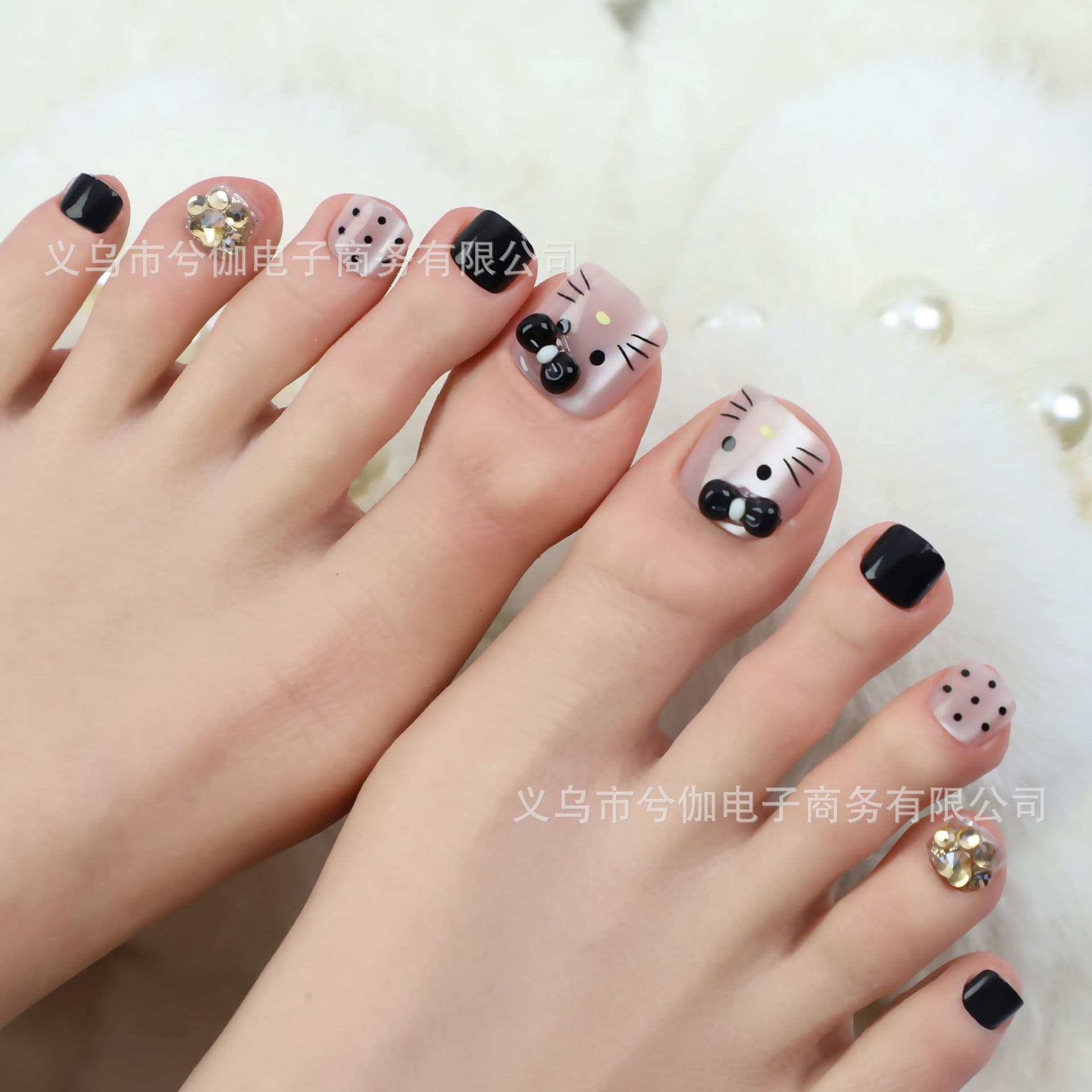 Summer Toe Nails Cute Cat Polka Dot Cartoon 3D Bow Toe Nail Tips Press-On Nails Cat Eye Manicure Toe