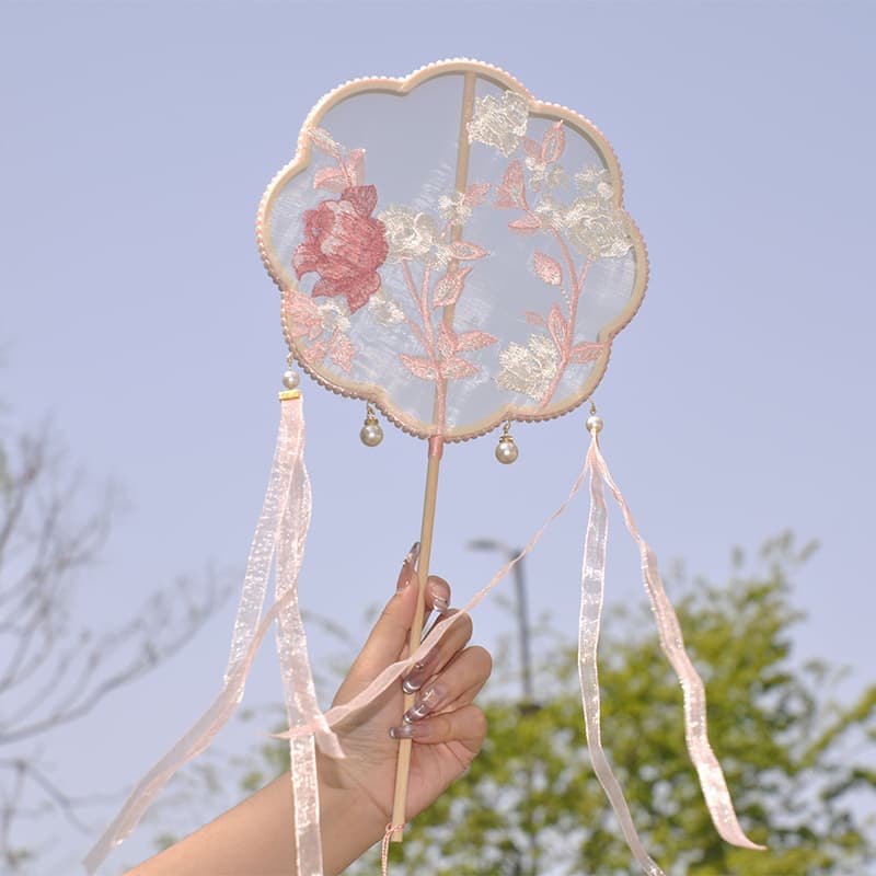 Chinese Style Vintage Embroidery Round Fan, Dance Fan Classical Dance Performance Fan, Hanfu Matching Photography Long-Handle Round Fan