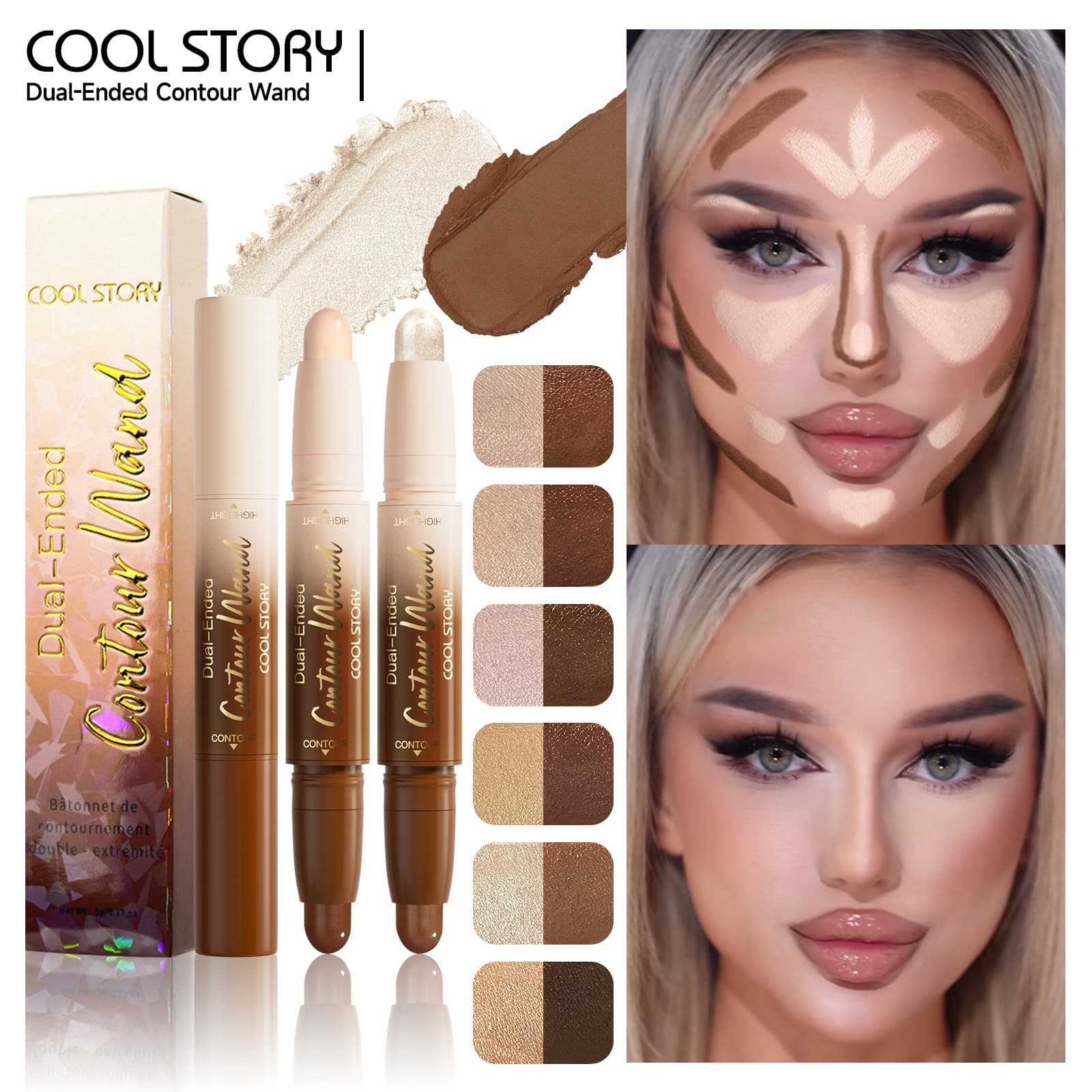 Double-ended contouring stick, concealer, three-dimensional contouring, face brightening and highlighting stick, V-face makeup fixing stick, shadow nose shadow, cross-border makeup