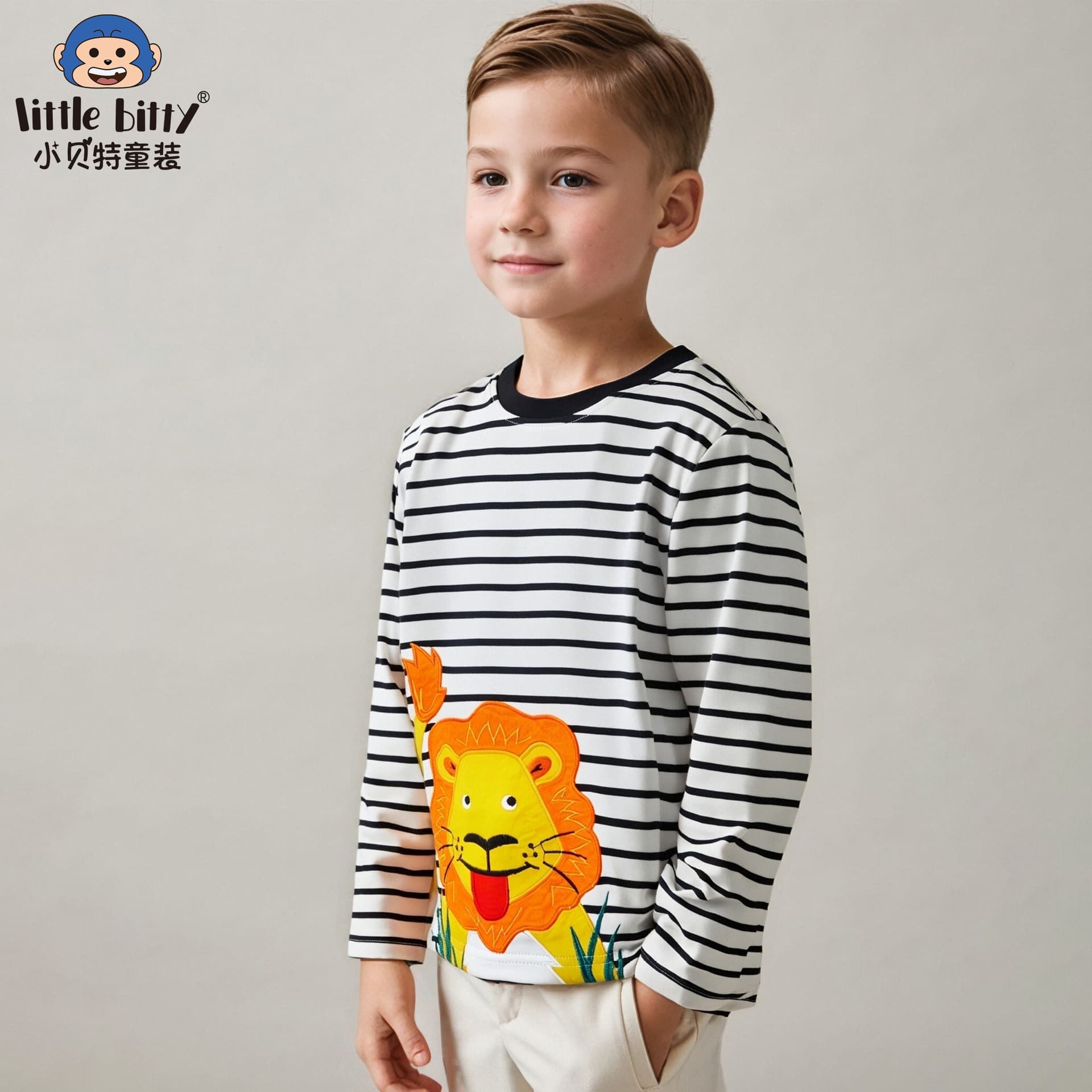 2025 Fall/Winter New Children's Long-Sleeve T-Shirt with Cartoon Lion Embroidery for Boys