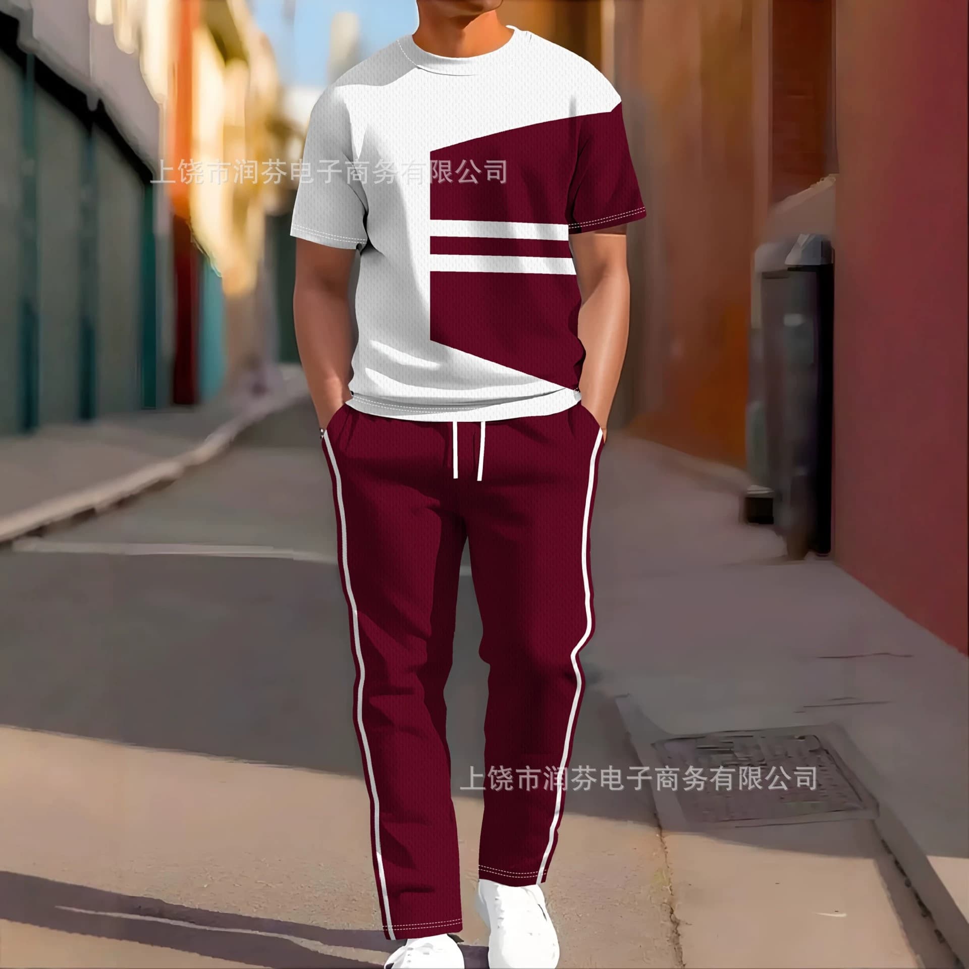Cross-Border Trendy Color-Blocking Sports Suit for Men, Summer Breathable 3D Print, Short-Sleeve Long Pants, Casual Stylish Versatile Style