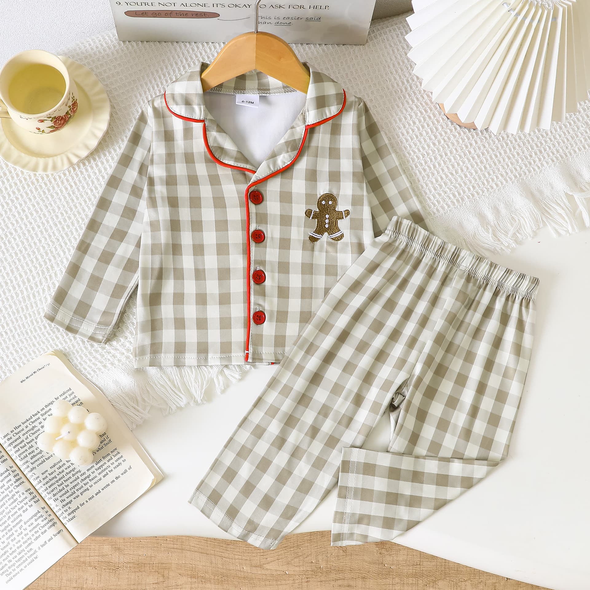 Girls autumn and winter long-sleeved trousers home wear set plaid stand collar bear embroidered casual pajamas set