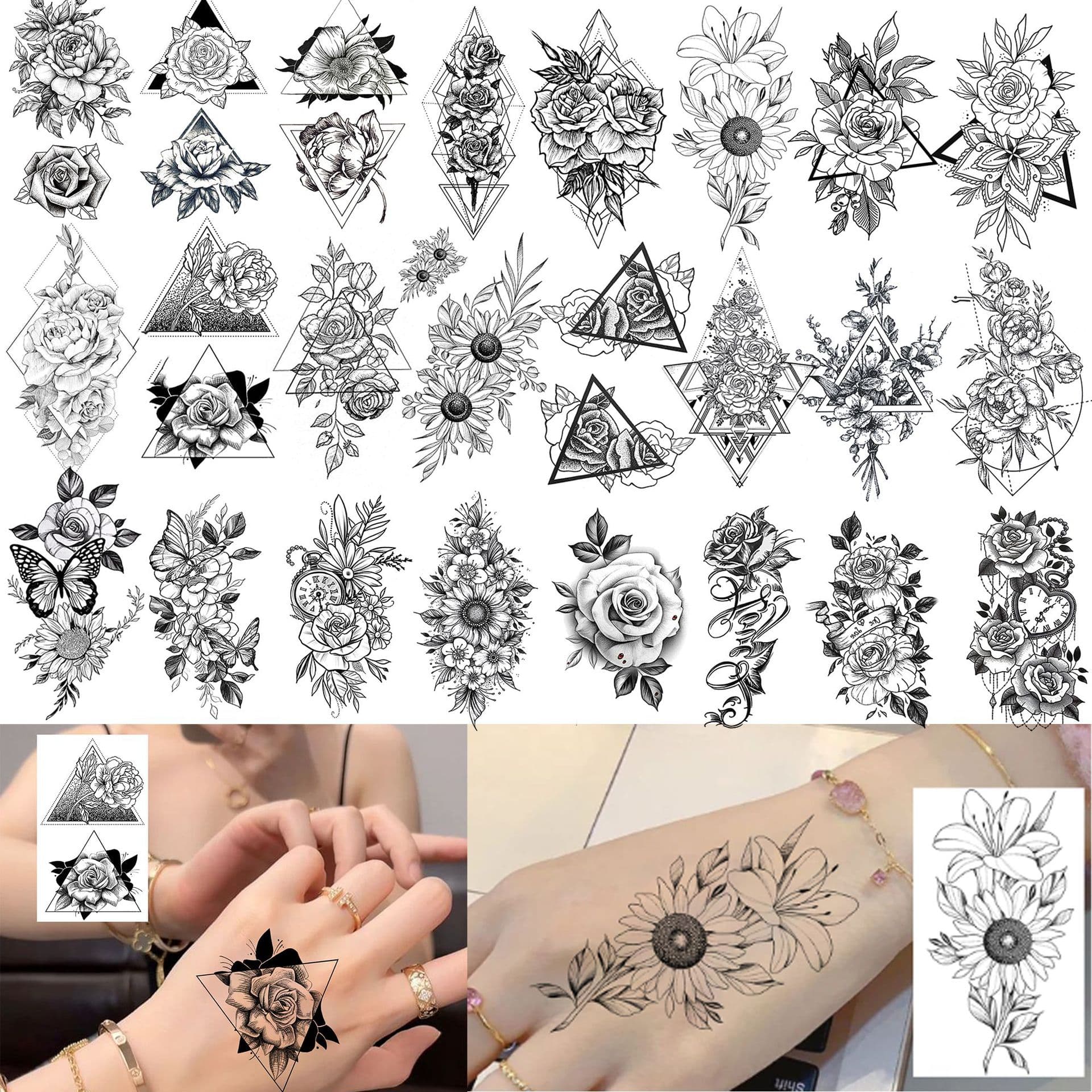 Cross-border New Rose Geometric Pattern Tattoo Sticker for Hand and Neck TEMU European and American Tattoo