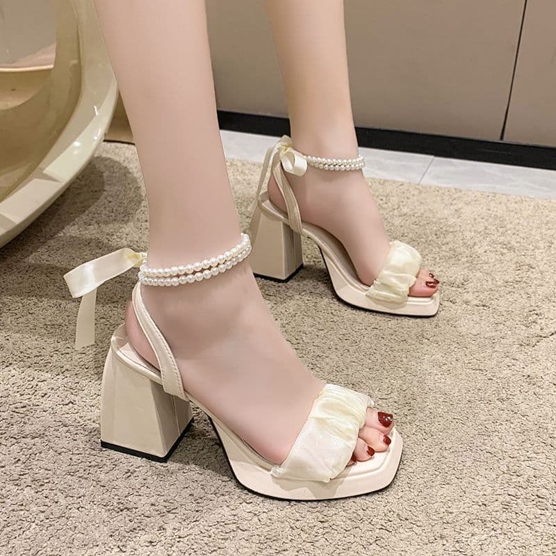 French Pearl Bow Chunky Heel Square Toe Evening High Heel Sandals 2025 Summer New Open Toe Mid Heel Women's Shoes