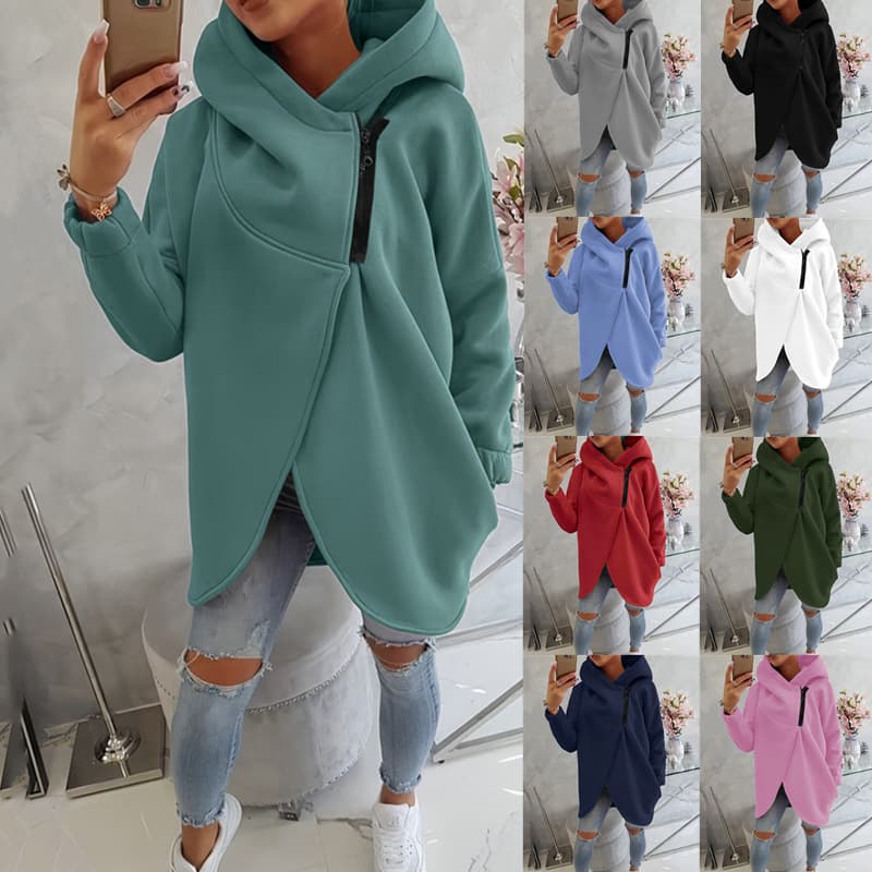 2025 European and American cross-border women's long-sleeved casual black hooded jacket sweatshirt with front pocket zipper hoodie