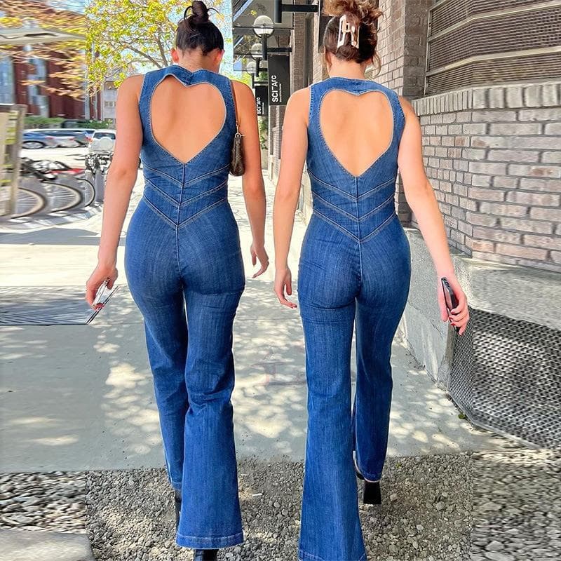 European and American Women's Fashion 2024 Summer New Slim Fit Stylish Sleeveless Backless High-Waist Flared Denim Jumpsuit Cotton