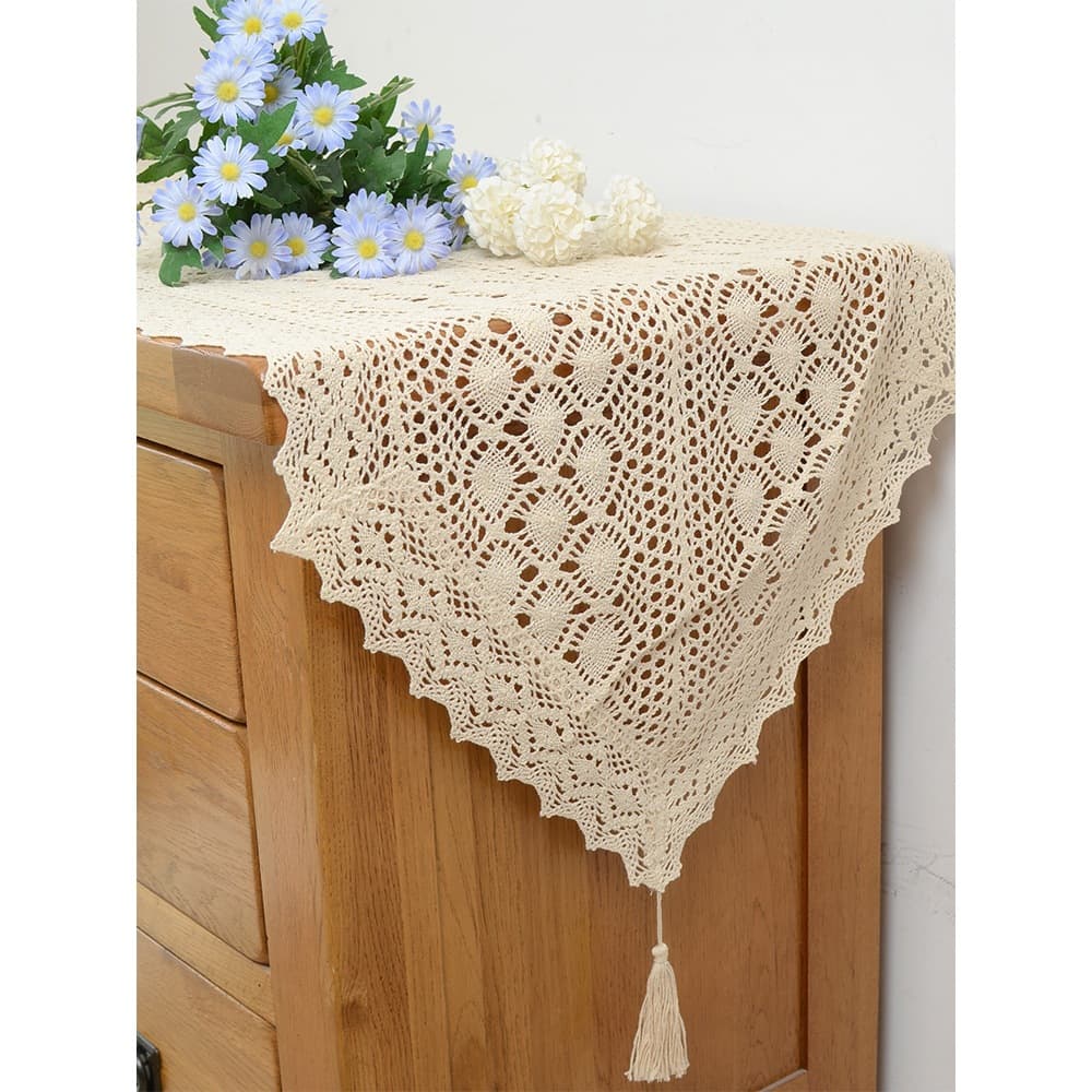 Rustic cotton lace hollow-out crochet-style table runner, American vintage dining table cloth, coffee table mat, TV cabinet cover, chest of drawers cover