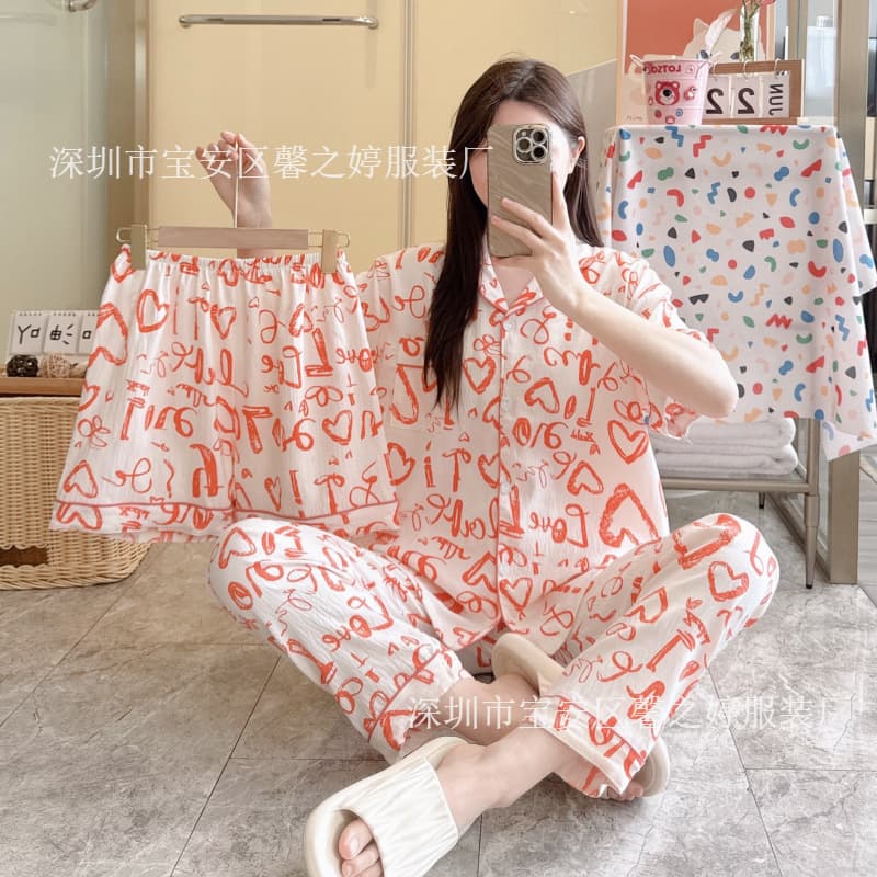 Spring New Women's Pajamas Cloud Cotton Turn-Down Collar Cardigan Short Sleeve Short Pants Three-Piece Comfortable Homewear