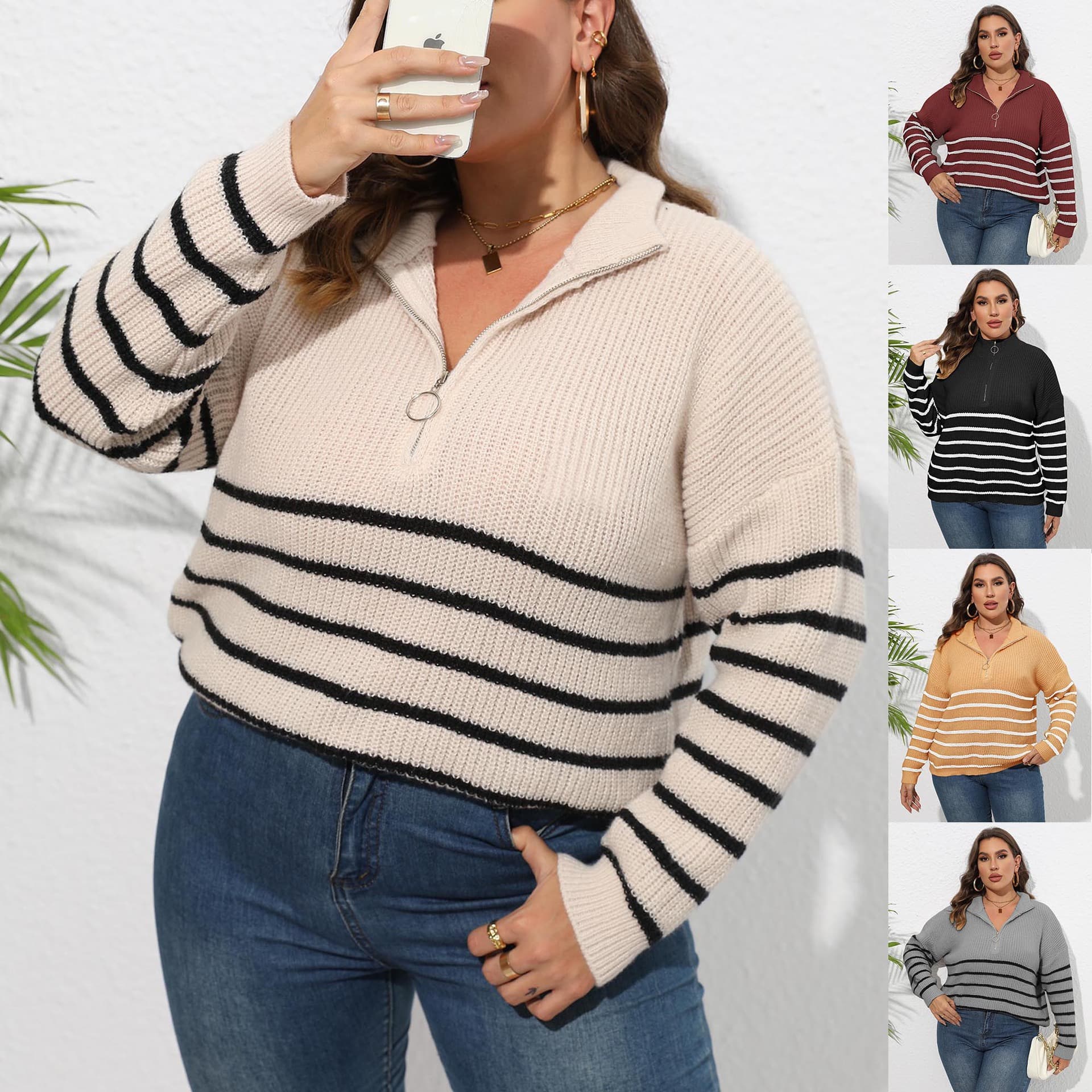New Women's Sweater Cross-border European and American Plus Size Knitted Striped Patchwork High Neck Zipper Loose Knitwear