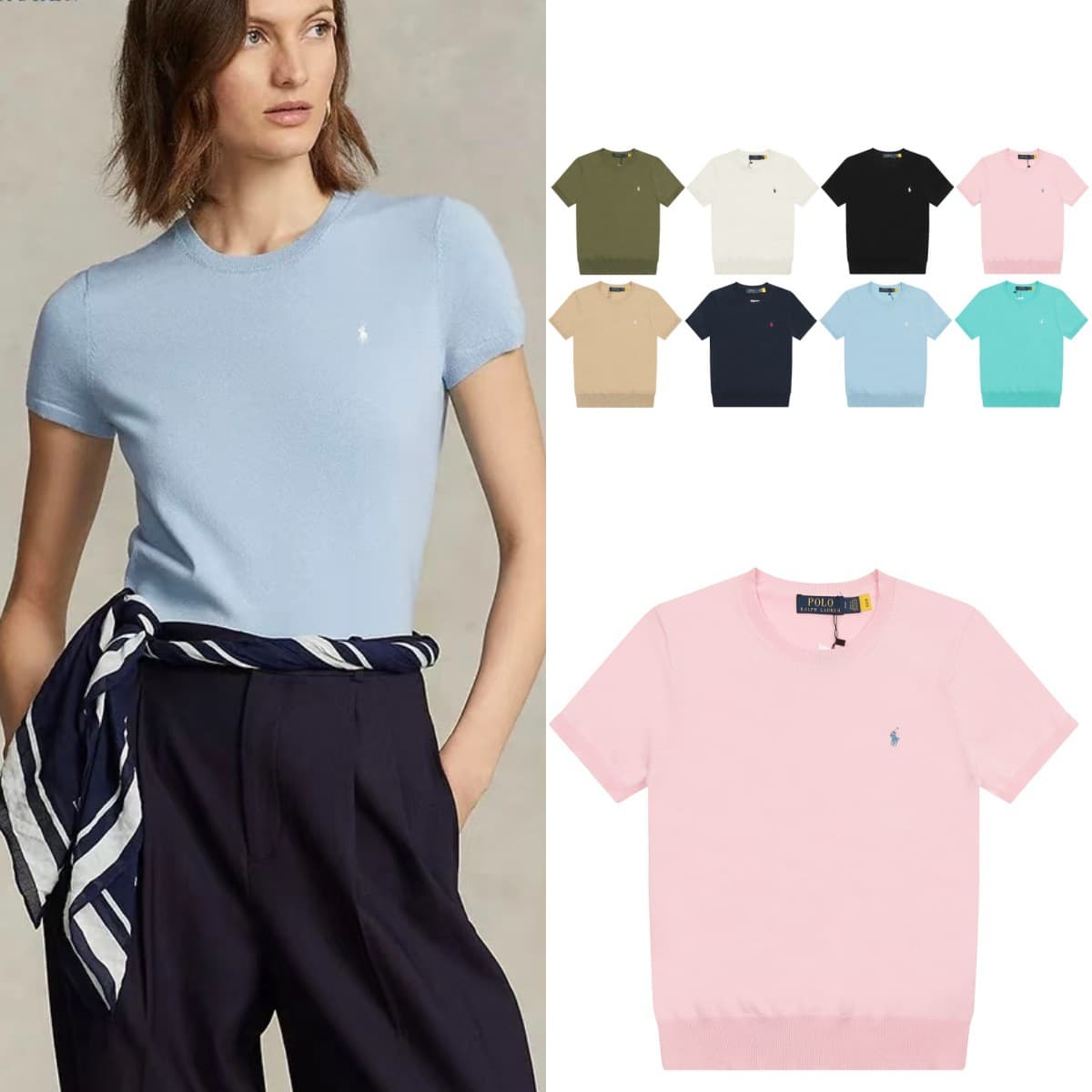 【Premium】Ralph Lauren Horse Logo Slim Fit Round Neck Knit Top Women's Solid Color Versatile T-Shirt Spring Autumn Short Sleeve Blouse