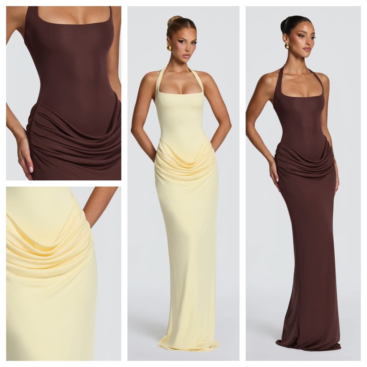 Halter neck, square neck long dress, pleated waist, slim fit, hip-hugging, floor-length fishtail skirt, sexy banquet dress