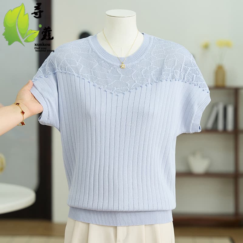 New Mother's Short-Sleeve Knit Top, Stylish and Simple, Middle-Aged and Elderly Women's New Summer Wear, Mature Women's Summer Top