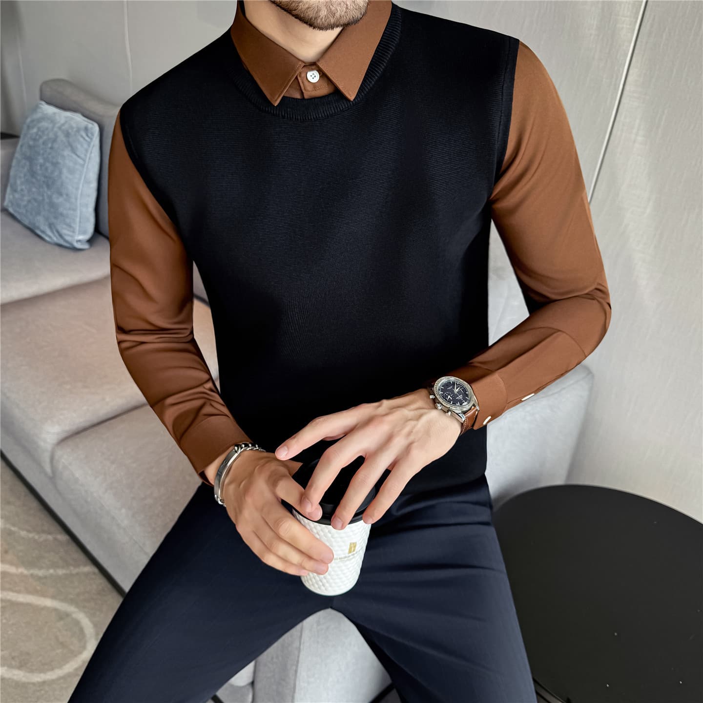 2025 Heavyweight Thick Fleece-Lined Gentleman Style Collar Fake Two-Piece Knitted Sweater Men's Light Luxury Fashion Trendy Versatile Top