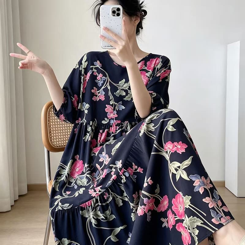 New Cotton Silk Nightgown for Women, Medium-Length Dress, Printed Long Sleeve, Flared, Slimming, Wearable Outside Sleep Dress