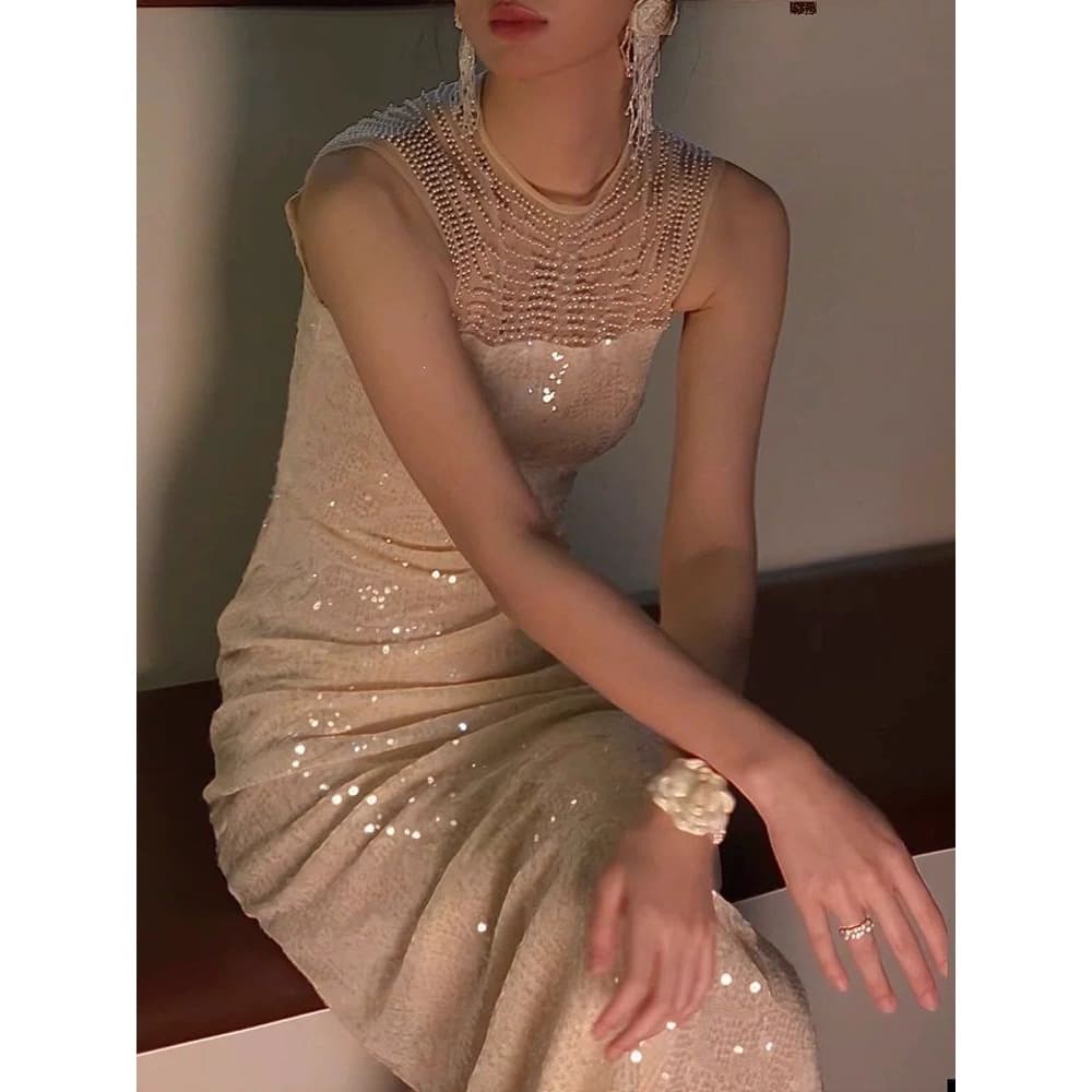 Engagement Evening Gown Sequined Host Long Dress for Toasting Bride Women's Morning Robe Summer Light Luxury Niche