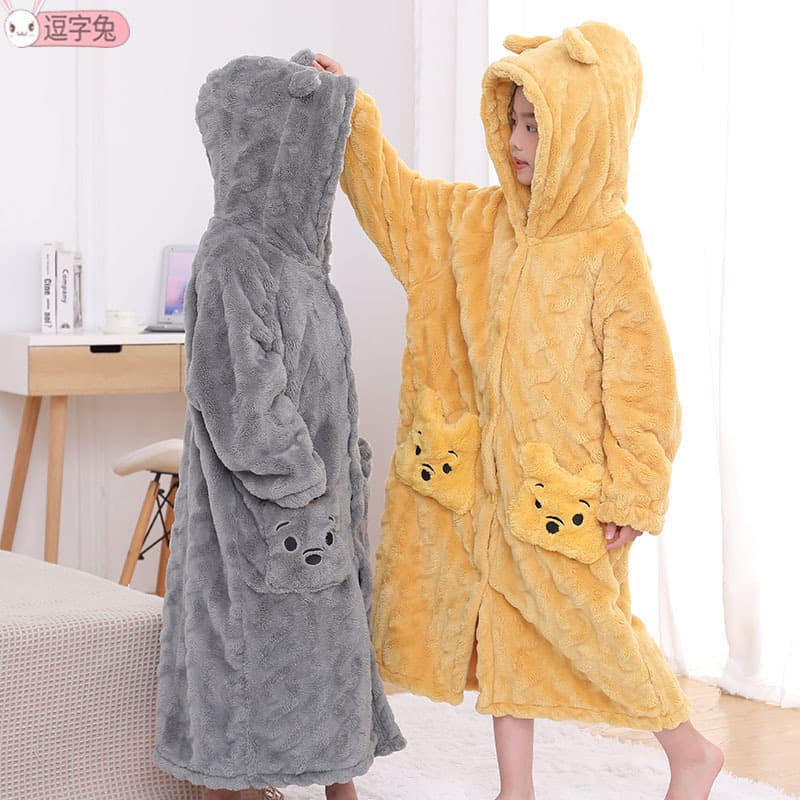 Children's Floral Nightgown, Thickened Parent-Child Pajamas, Medium and Large Kids Flannel Bear Autumn and Winter Hooded Bathrobe for Girls