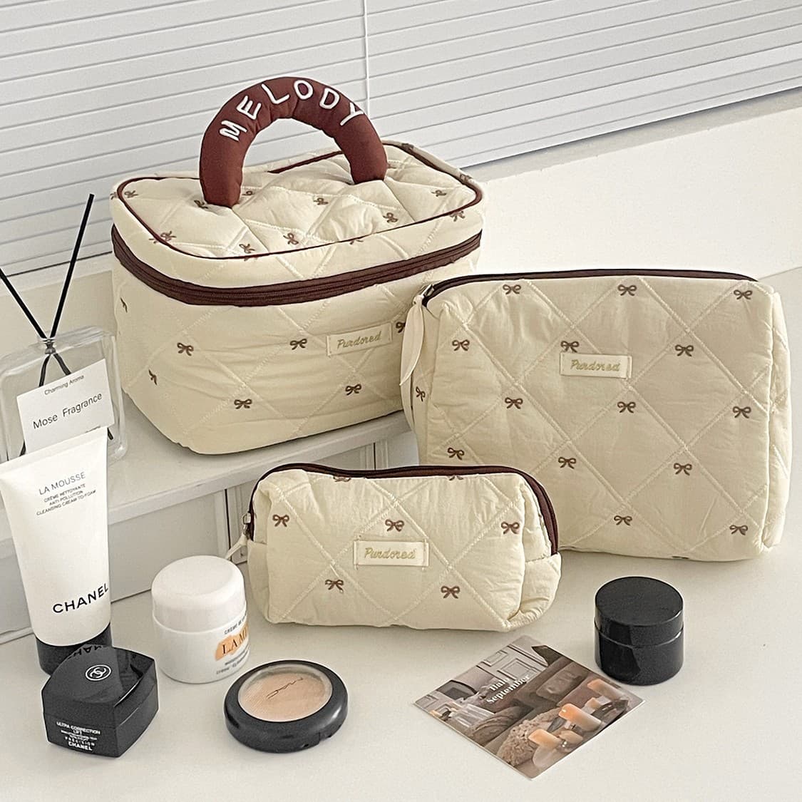 INS High-Aesthetic Quilted Latte Bow Embroidery Makeup Bag Soft Portable Handheld Toiletry Organizer